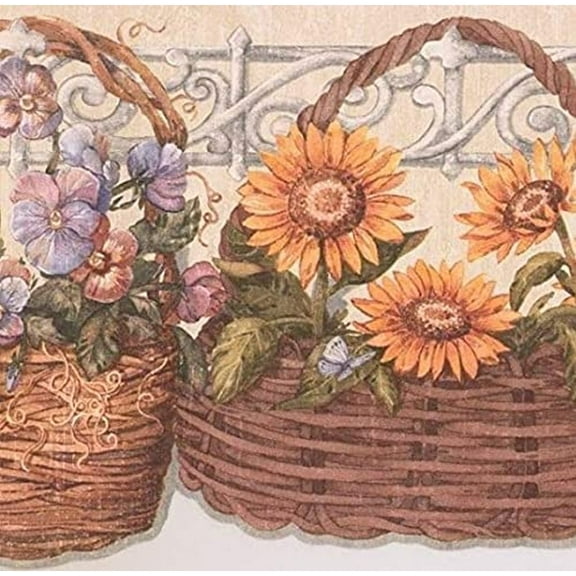 Concord Wallcoverings Wallpaper Border Floral Pattern Baskets Sunflowers Pansies Violets for Living Room Cottage, Brown Yellow Green White Purple Pink Beige, 9 Inches by 15 Feet CP033173B