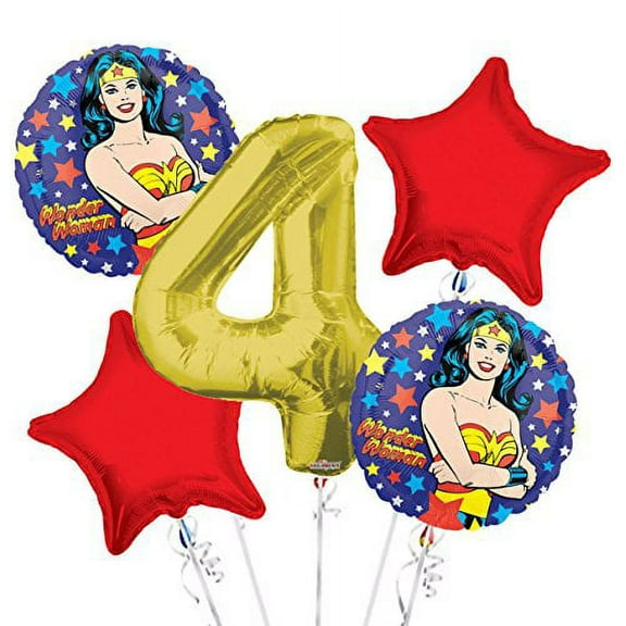Wonder Women Balloon Bouquet 4th Birthday 5 pcs - Party Supplies