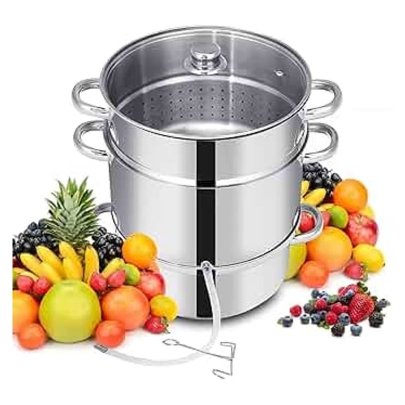 11-Quart Juicer Stainless Steel, Steamer Extractor Pot for Fruit Vegetable Canning with Tempered Glass Lid, Hose, Clamp, Loop Handles, Silver
