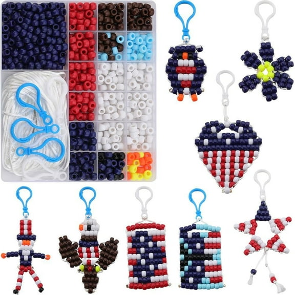 1 Box DIY 8 Sets Bead Pet Kit 6x8mm Pony Beads Keychain Making Kit Independence Day 4th of July American Flag Pony Beads Pattern Eagle Key Chain Pony Beads Craft Kit for Art Crafts Gifts