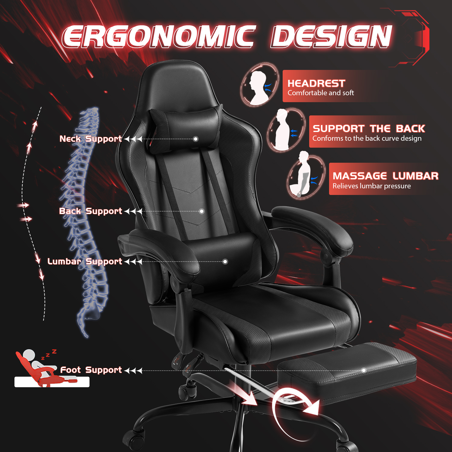Homall Gaming Chair with Massage and Footrest, Black photo 6