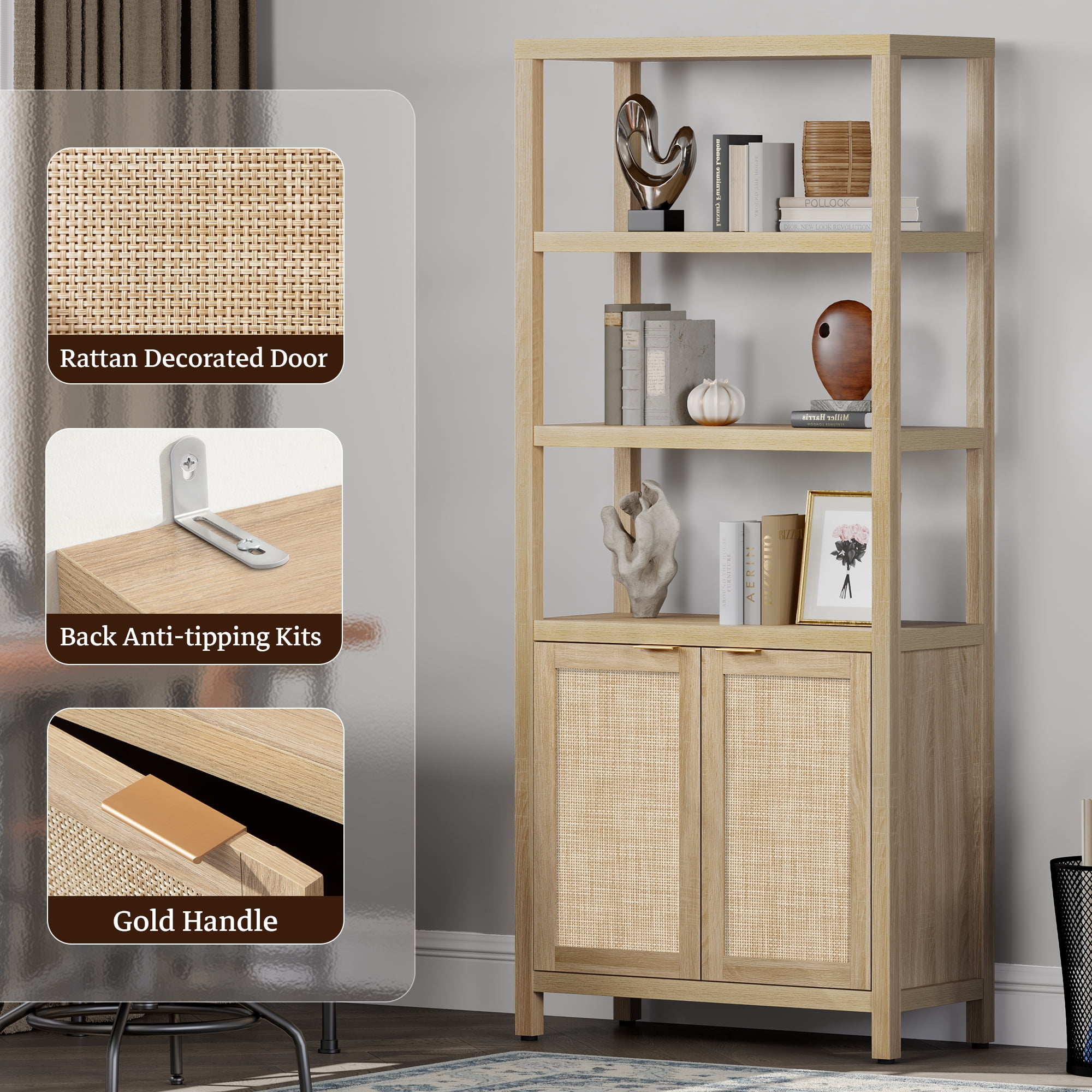 SICOTAS 71" Tall Bookcase with Doors, Boho 5 Tier Rattan Bookshelf Set of 3, Mid-Century Bookcase with Storage Cabinet for Living Room, Bedroom, Library & Home Office in Light Oak
