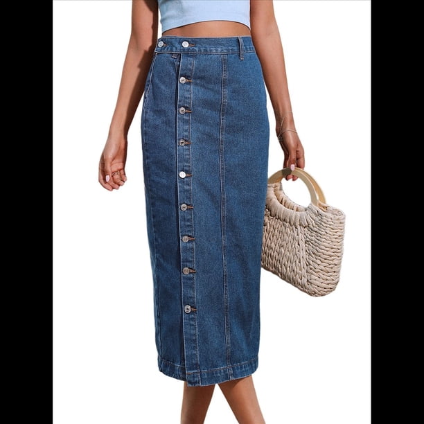 Falda Vaquera Midi Informal con Abertura para Mujer, Elástica, de Cintura Alta, Deshilachada y Abotonada Azul Medio M