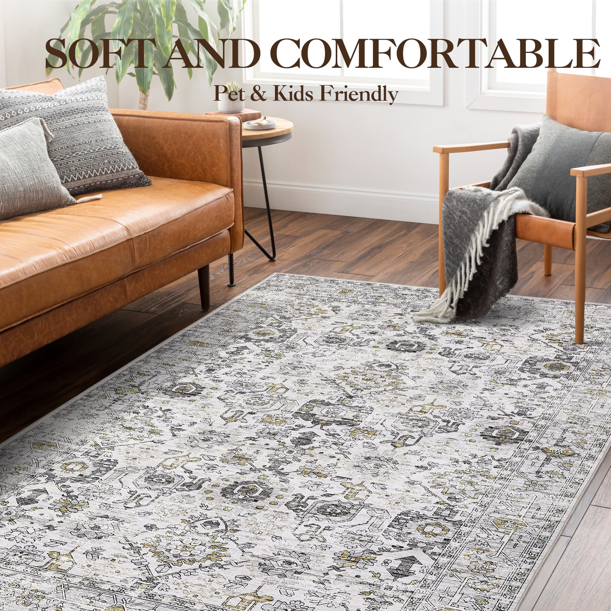 FairOnly 9'x12' Grey Boho Floral Area Rugs for Living Room Low Pile Non Shedding Rugs for Family Room Nursery Carpet