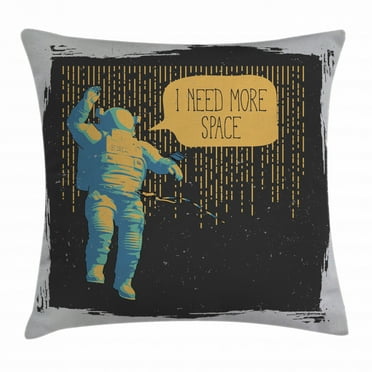 Astronaut Throw Pillow Cushion Cover, 3D Astronaut I Need More Space Speech Bubble Comic Adventure Science, Decorative Square Accent Pillow Case, 16 X 16 Inches, Black Mustard Grey, by Ambesonne