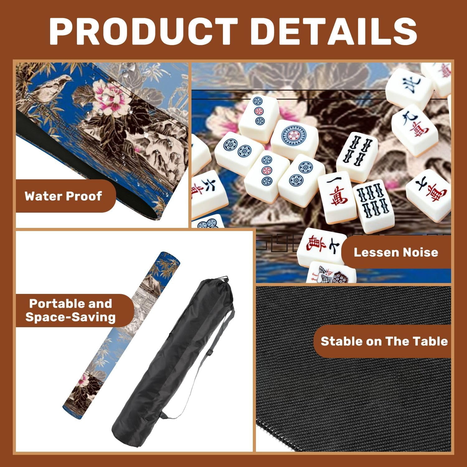 Mahjong Mat 31.5" x 31.5" Seamless Chinoiserie Style for Fabric Interior Design Non-Slip Noise Reduction Mahjong Tiles Table Cover for Dominoes Poker Card Board and Tile Games Gift