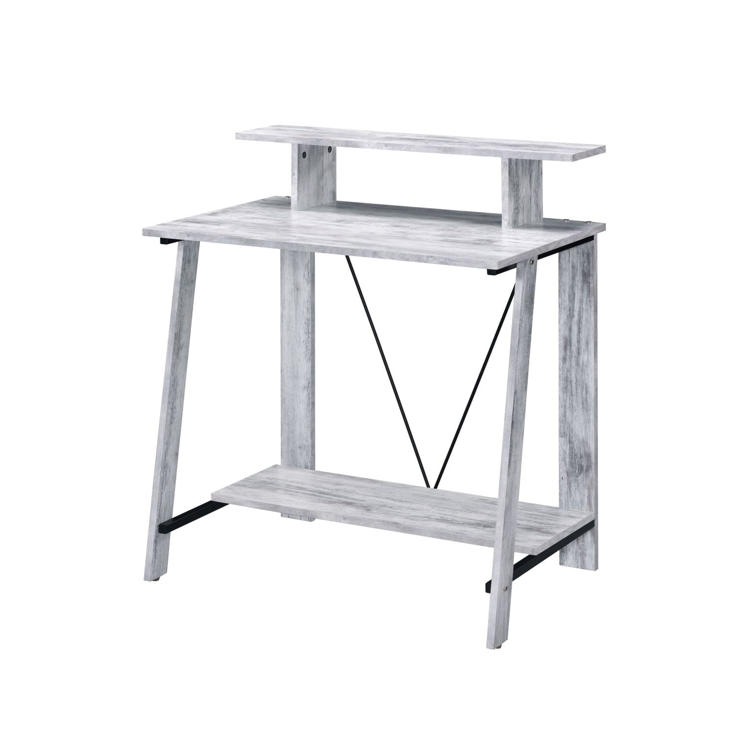 Writing Desk with Upper and Bottom Shelves, Rectangular Computer Desk for Home Office, 35.5 in High, Metal V-Shaped Backing
