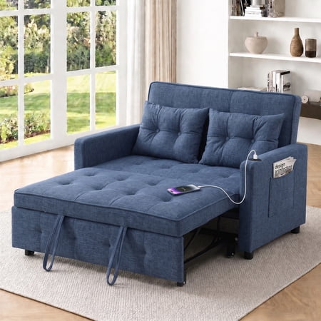 Aukfa 47" Chaise Futon Convertible Sofa Bed Loveseat Sleeper with USB Ports, Side Pocket, Linen, Blue