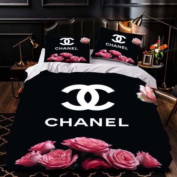 Chic 3-Piece Duvet Cover Set - Black with White Pink Roses - Elegant Floral Bedding for Modern Bedrooms