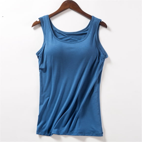 VV AVEORS Tank Top For Women With Built In Bra Summer Padded Bra Cotton Casual Basic Tanks Workout Yoga Camisole Top Undershirt Blue L