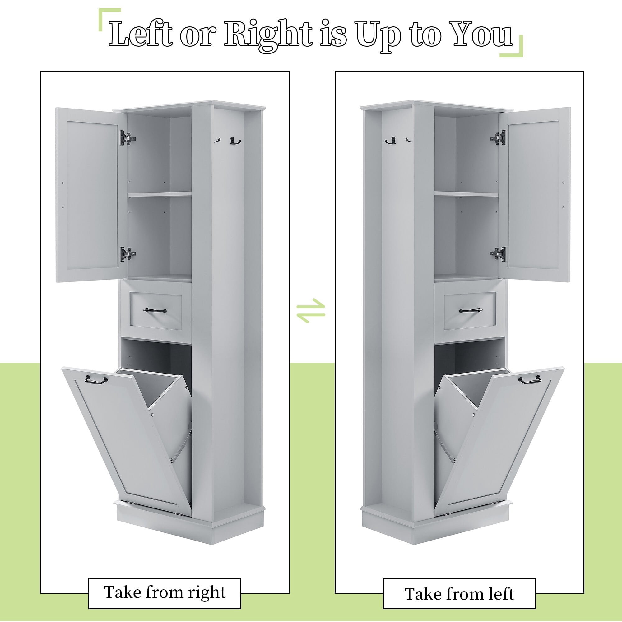 AENKYO 67.8" Tall Bathroom Storage Cabinet with Adjustable Shelf, Tilt-Out Drawer, and Side Hooks, Gray