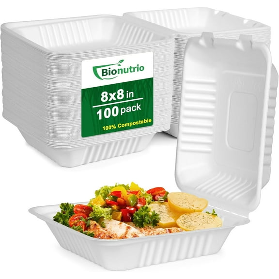 To Go Food Containers Disposable, Compostable Clamshell Containers 8x8, To Go Boxes For Food 100 Pack, Biodegradable Sugarcane Take Out Containers, Disposable Food Containers With White Bagasse