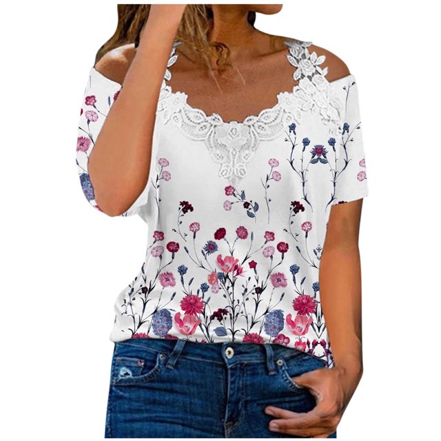 Moda Mujer Causal Impresión Blusa Encaje Manga Corta Camiseta Verano Tops Fridja ghk5604