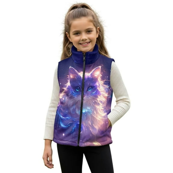 Pzuqiu Galaxy Cat Kids Sleeveless Vests 2T Versatile Full Zip Fall Winter Warm Outerwear With Pockets Stretchy Fall Outfits Fashion Clothing Wind Proof Soft for Daily Life