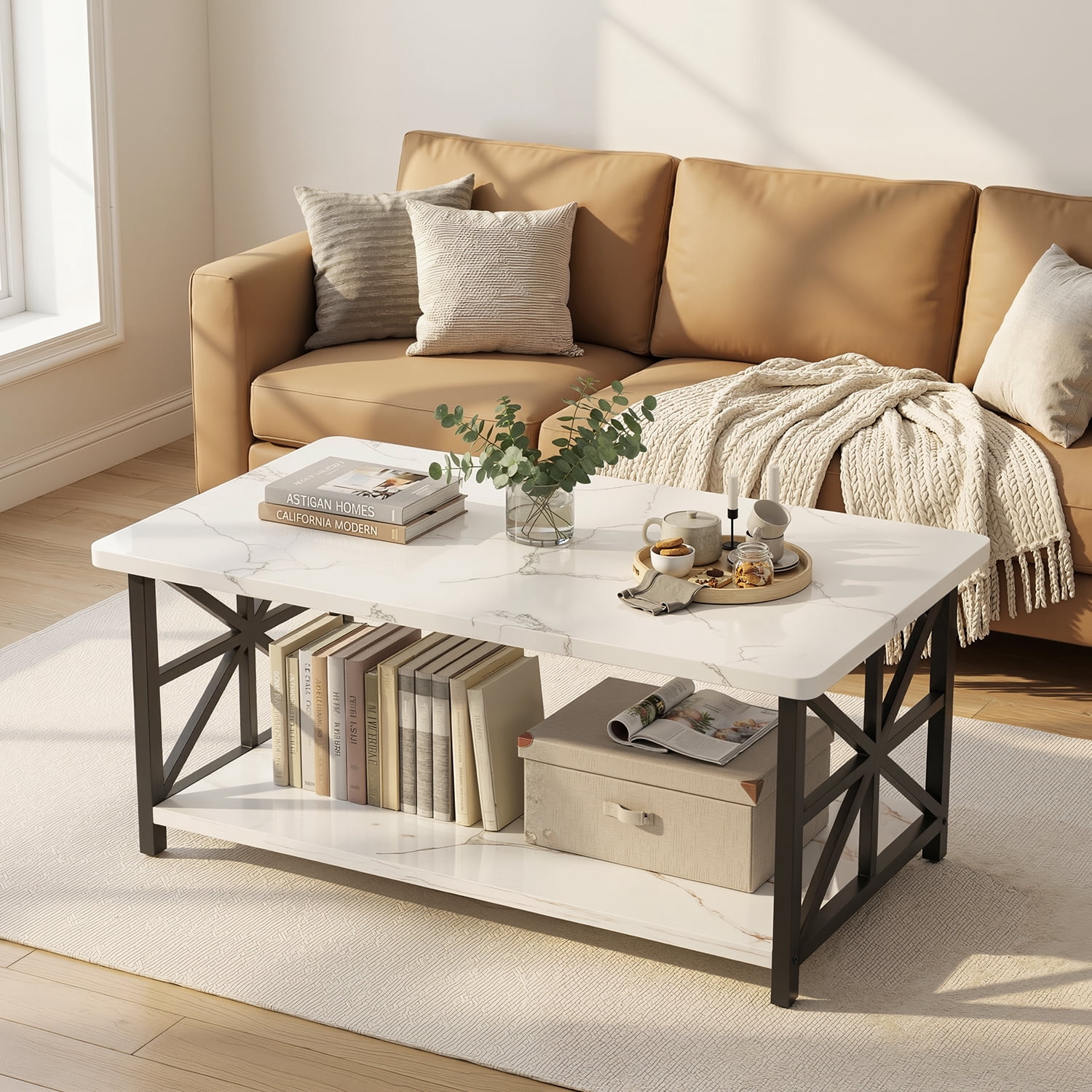 MIERES Marble-Effect Coffee Table, Rectangular Solid Wood Coffee Table, Living Room Center Table, Coffee Table with Storage Shelf, Suitable for Living Rooms, Offices, Apartments, WHite