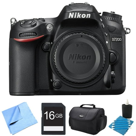 Nikon D7200 DX-Format 24.2MP Digital HD-SLR Body 16GB bundle includes camera body, lens cleaning kit, compact gadget bag, 16GB memory card and micro fiber cloth