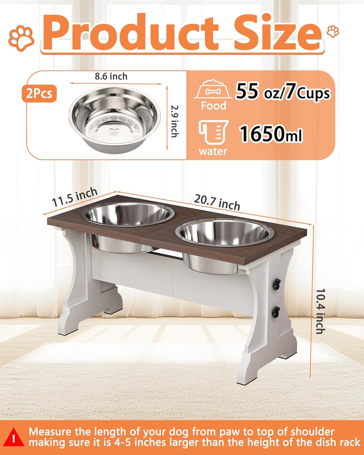 Elevated Dog Bowls,Farmhouse Dog Bowls Stand, Raised Dog Bowl with 2 Stainless Steel Wooden Dog Bowl 12 Cups 15.7''H 90 OZ Bowl-Farmhouse Style
