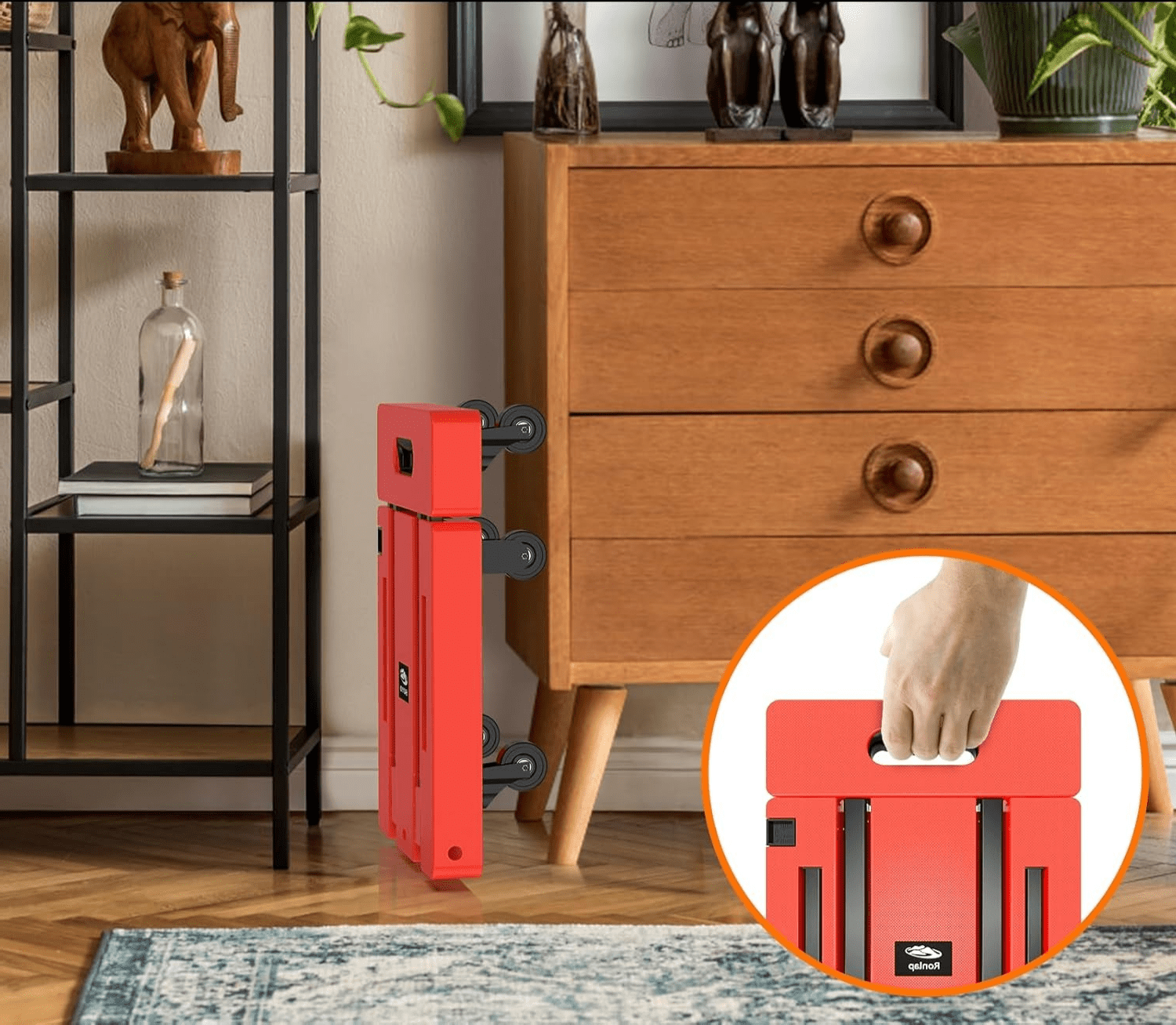 Foldable Dolly, Heavy Duty Dolly Cart, Folding Hand Truck with 6 Wheels & 2 Bungee Hooks, 500 LB Dolly Cart Capacity Portable Luggage Cart for Moving, Traveling and Shopping, Orange, 6 Wheels