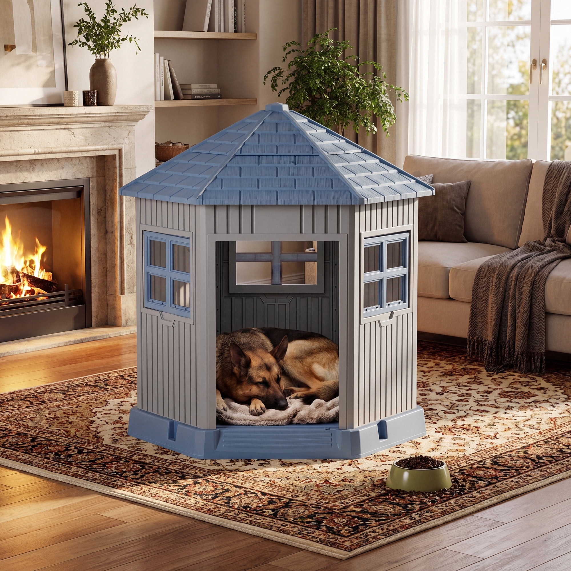 Nihsuao Durable Waterproof Dog House for Medium to Large Dogs, Indoor Outdoor Plastic Kennel with Elevated Floor & Air Vents, Easy Clean & Assemble, Blue, 33.5"L x 29.5"W x 37.4"H