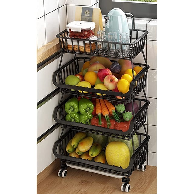 Metal Baskets Rack with Wheels 4 Tiers Stackable Storage Baskets