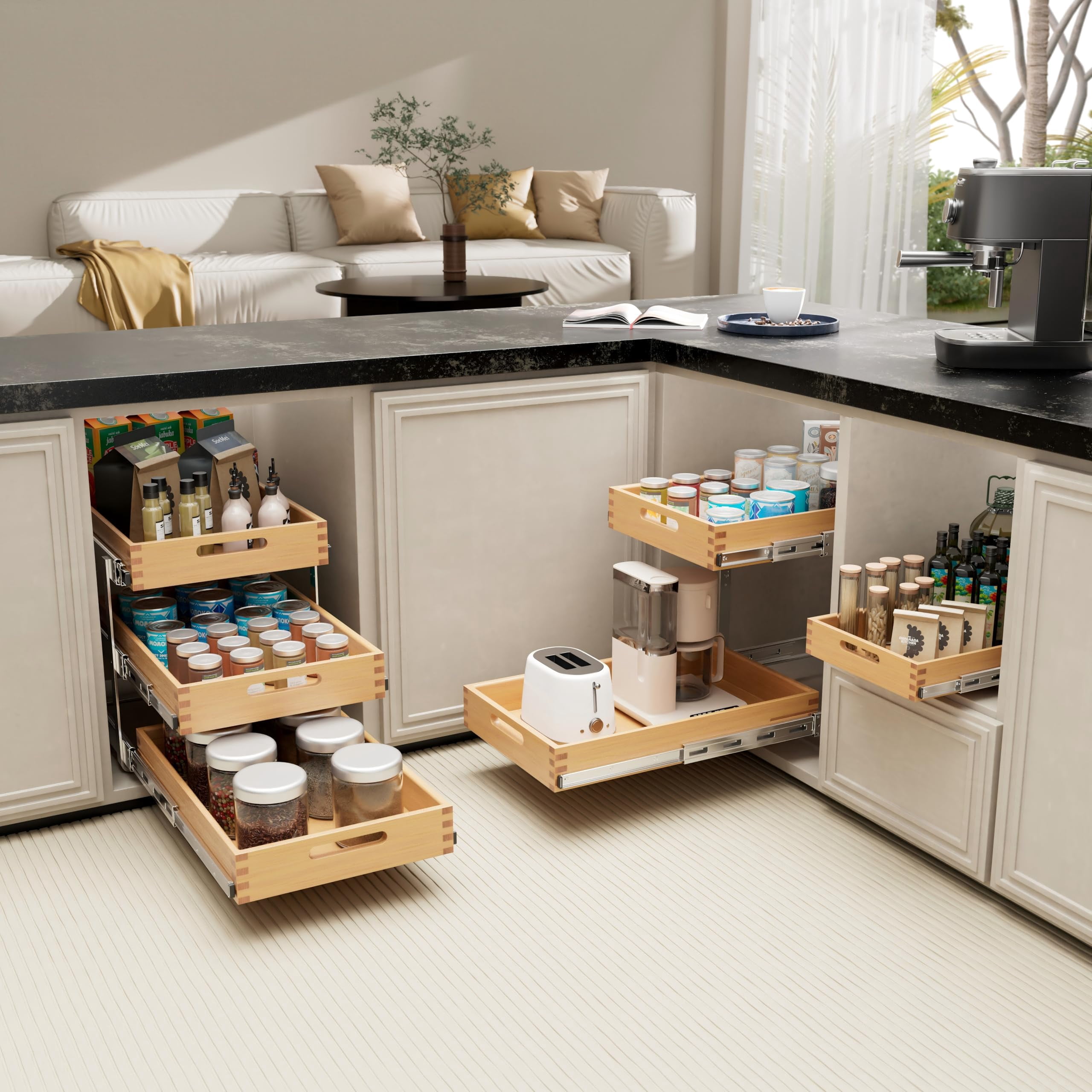 STORKING Heavy-Duty Pull-Out Cabinet Organizer, 21"W x 21"D Slide-Out Wood Drawer, 100 lb Capacity for Kitchen/Pantry Base Cabinets