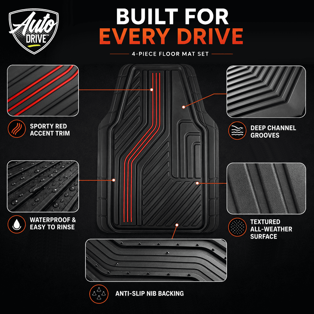 Auto Drive Automotive Floor Mats, Red, 3-Piece Rubber Set with Decorative Trim and Anti-Slip Backing