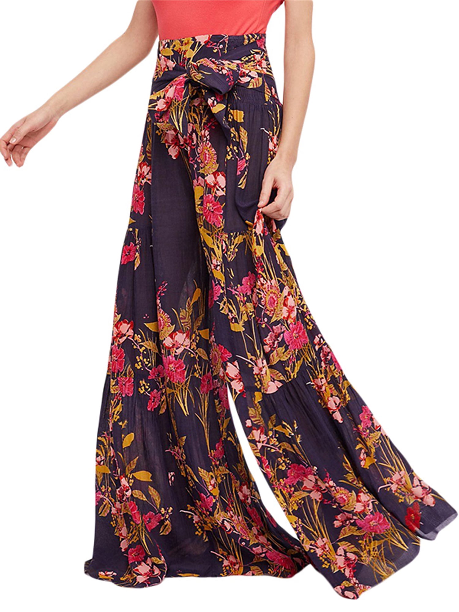 Womens Floral Printed Wide Leg Flared Palazzo Baggy Trousers 