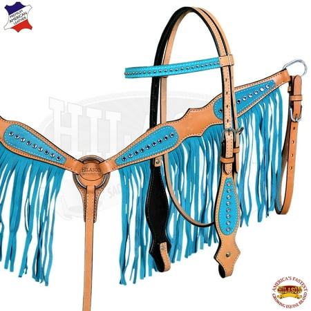 Tex Tan Leather Breast Collar - Hilason Leather Bridle Headstall Breast Collar Tan Turquoise Fringes