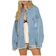 thumbnail image 2 of Usmixi 2023 Winter Womens Denim Jacket Oversized Denim Jacket for Women Fashion Distressed Ripped Boyfriend Jean Coat Button Down Long Sleeve Lapel Casual Solid Shacket Outwear Up to 65% off, 2 of 7