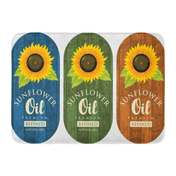 YUSDECOR Yellow of Three Labels for Refined Sunflower Oil with and The Inscription on Wooden Bio Rug Doormat Bath Mat 23.6x15.7 inch