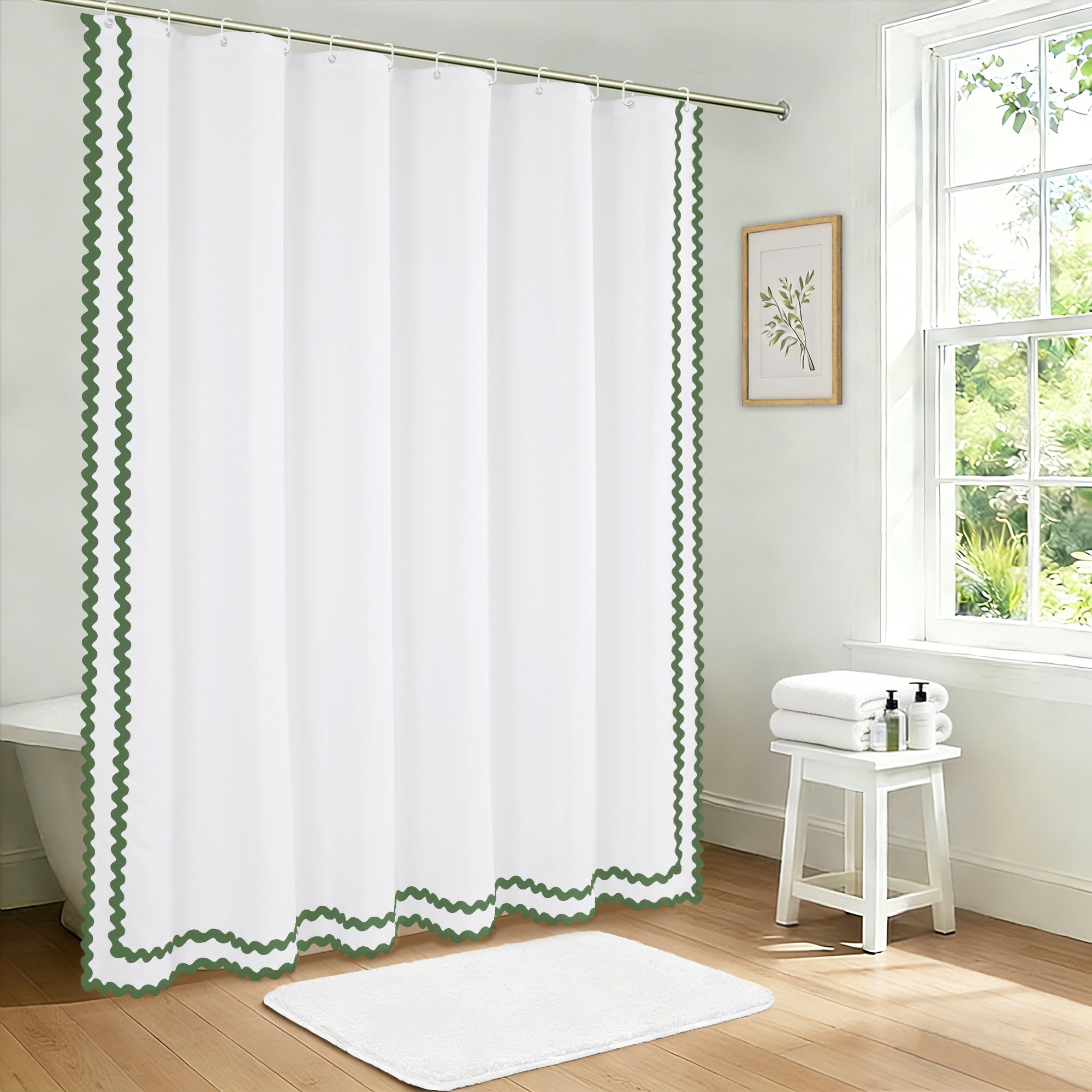 FRAMICS Sage Green Scalloped Shower Curtain Sets with Rug, 14 Piece Fabric Bathroom Sets with Hooks, Heavy-Duty Slub Textured & Waterproof, 72" x 72"