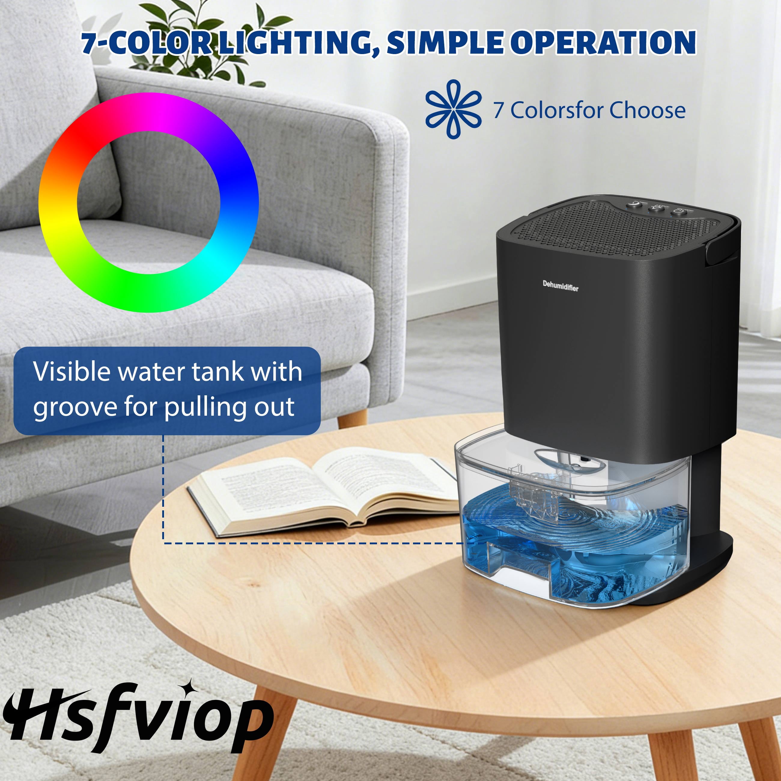 Hsfviop Dehumidifier for Home with LED Light Portable Water Tank with Auto-off for Home 7 Colors,Black