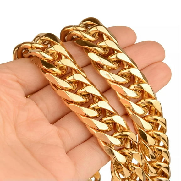 QQTDFG 24" 16mm Fashion 18K Gold Plated Stainless Steel MENS Curb Cuban Chain Necklace-default