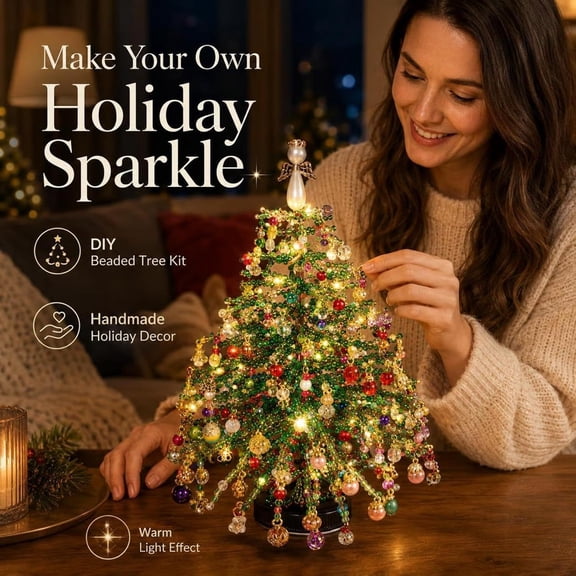 DIY Beaded Christmas Tree Kit with String Lights, 3D Crystal Bead Holiday Craft Set, Tabletop Decor for Christmas Home Decoration and Gift Giving