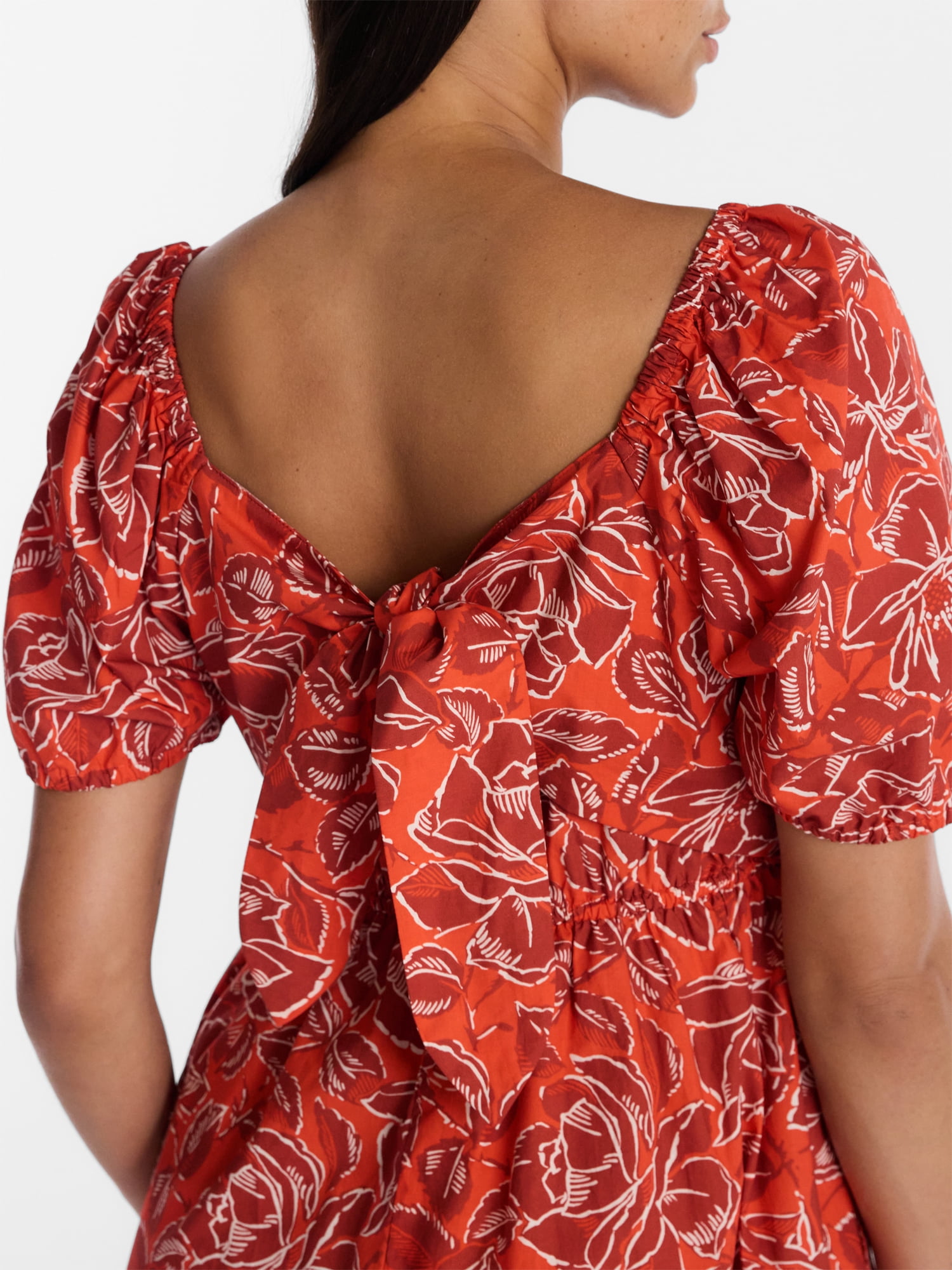Time and Tru Women's and Women's Plus Cotton Back Tie Midi Dress with Short Puff Sleeves, Sizes XS-4X