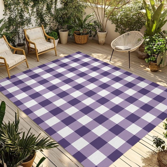 Fsddascl Purple Checkered Outdoor Rug for Patio/Deck/Porch, Non-Slip Large Area Rug 5 x 8 Ft, Farmhouse Buffalo Plaid Indoor Outdoor Rugs Washable Area Rugs, Reversible Camping Rug Carpet Runner