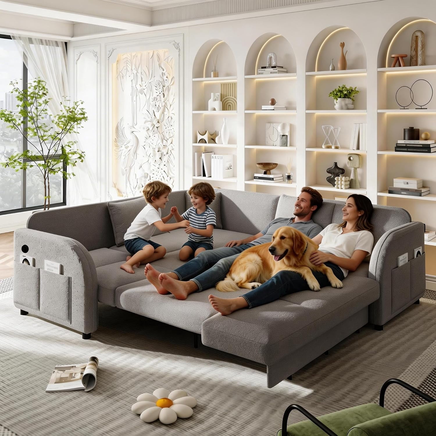 Howcool 85.1" L-Shaped Sectional Sleeper Sofa, 5-Seat Pull Out Couch Bed with USB Ports & Side Pockets, Teddy Fabric Convertible Sofa for Living Room, Light Grey