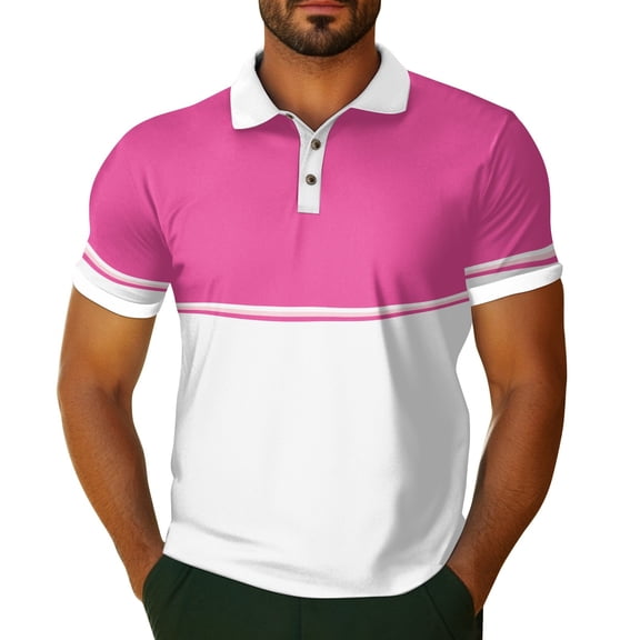 Hearthz Color Block Polo Shirts for Men Button Mens Short Sleeve Shirts Collared Athletic Casual Golf Polos Purple Pink XL