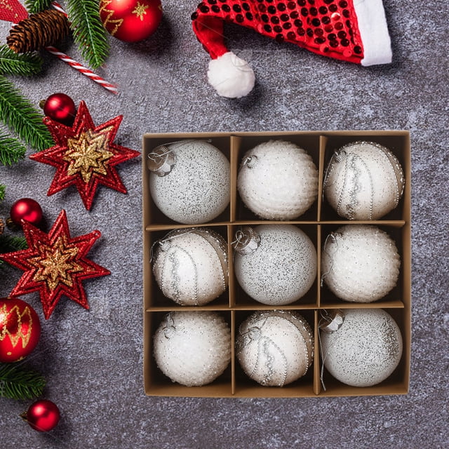 Meitianfacai 8cm Christmas Balls 9pcs Set Christmas Balls Sequins Lace Christmas Decoration Balls Christmas Gift Balls Christmas Tree Decoration, White