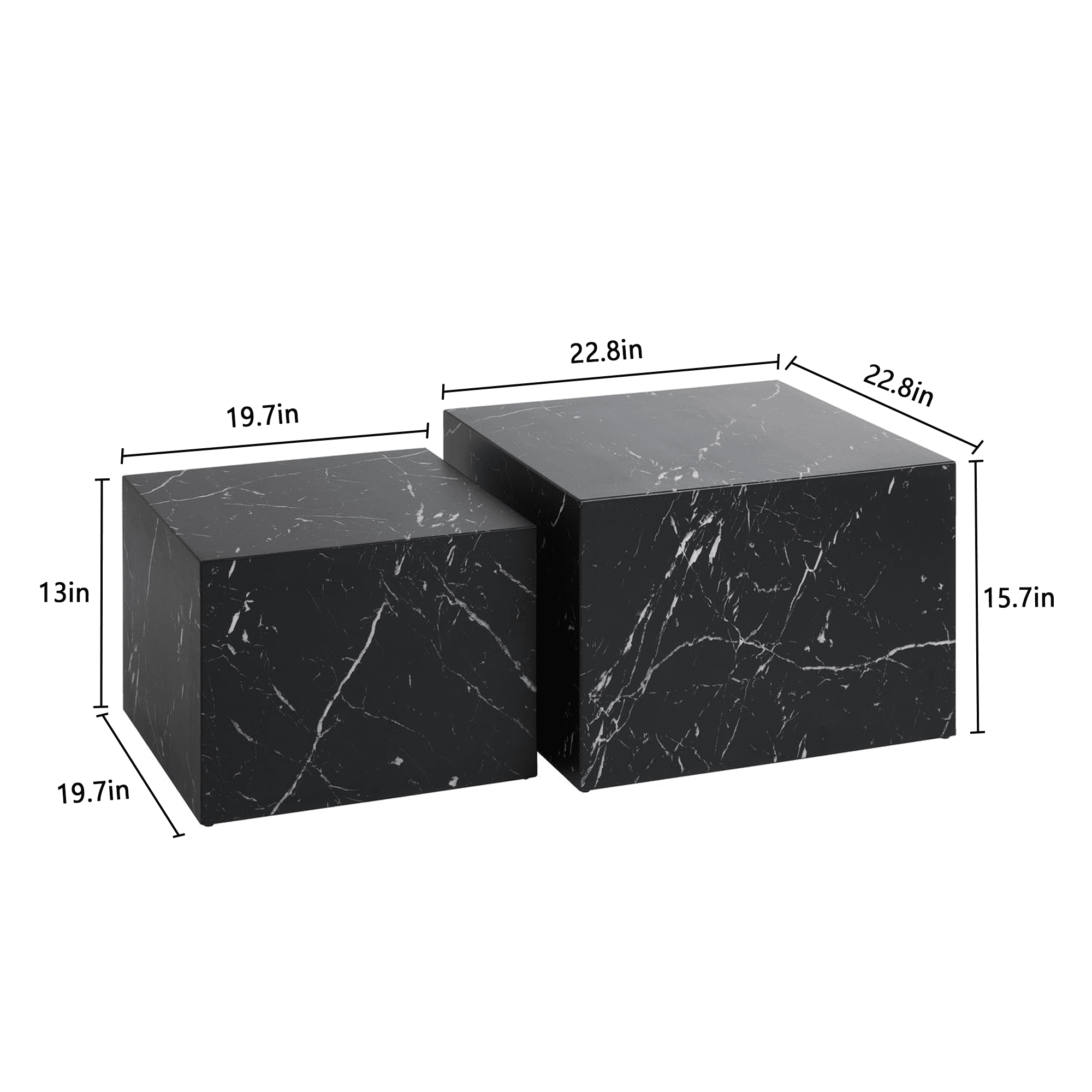 Caffoz Square Faux Marble Coffee Table Set of 2, Nesting Design, Pre-Assembled Living Room Accent Tables,Marble Black