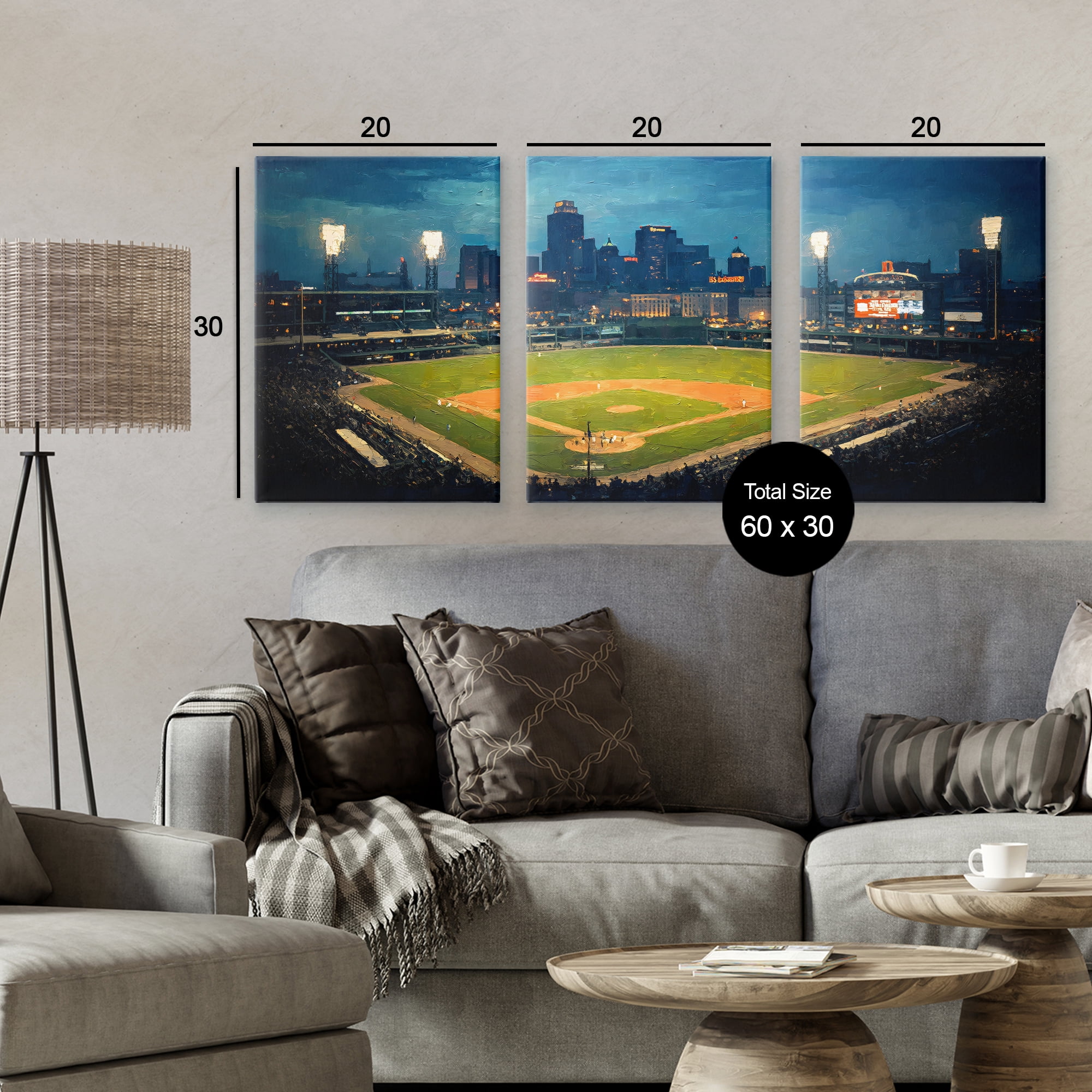 Stupell Industries Baseball Stadium Night View 3 Piece Canvas Wall Art Set, design by Arlington Prints
