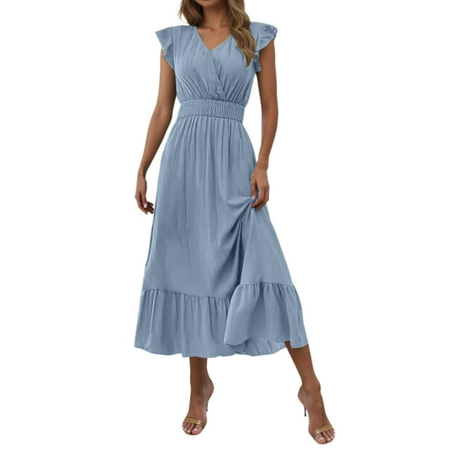 Robe pour Femmes à Col en V Longue Sans Manches Unie Robes Maxi pour Femmes pour Fête Décontractée Quotidien