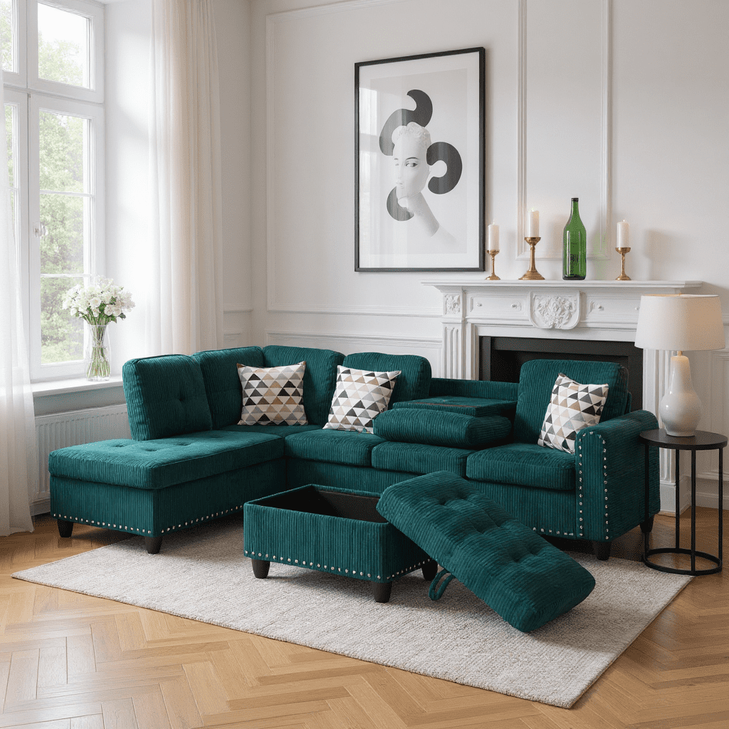 Gewnee 6 Seaters 94.49”L-Shaped Modular Sectional Sofa Couch ,Corduroy Fabric 2 Built-in Cup Holders with Storage Ottoman for Living Room