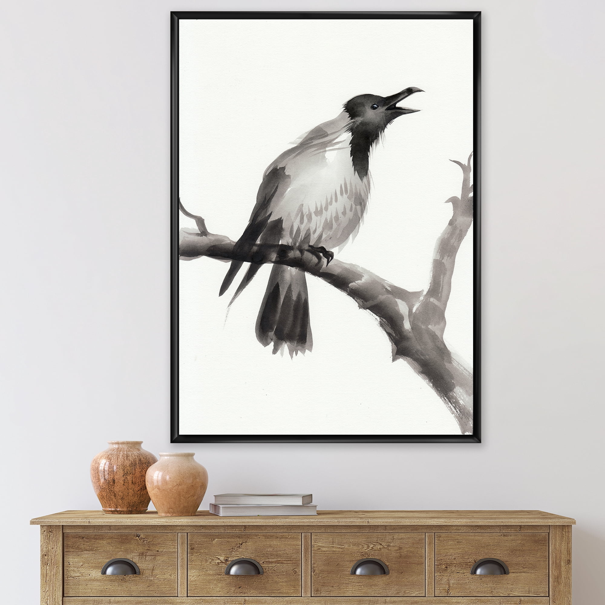 Designart 'Monochrome Crying Crow On A Branch' Traditional Framed Canvas Wall Art Print
