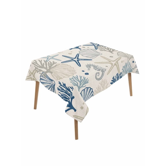 Blue Beige Coastal Table Cloth, Summer Beach Starfish Coral Nautical Rustic Waterproof Tablecloth for Rectangle Tables, Washable Fabric Table Cover for Restaurant Kitchen Dining Tables 60"x102"