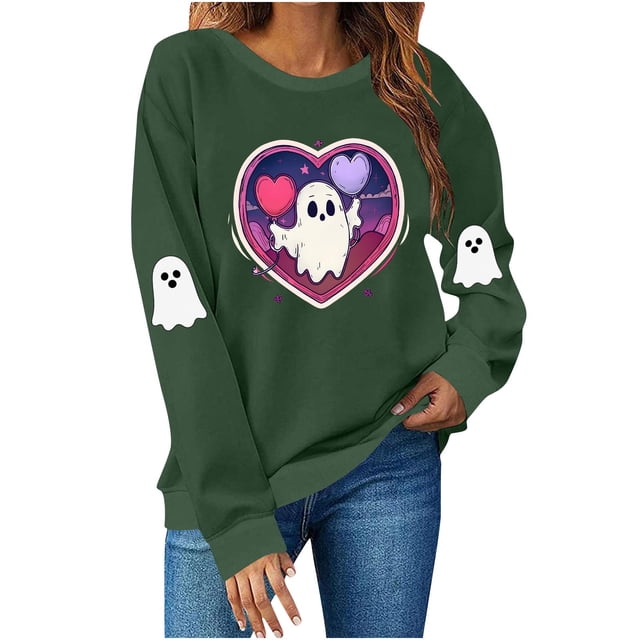 Heisall Womens Hoodies Halloween Print Round Neck Long Sleeve Loose Casual Sweatshirts