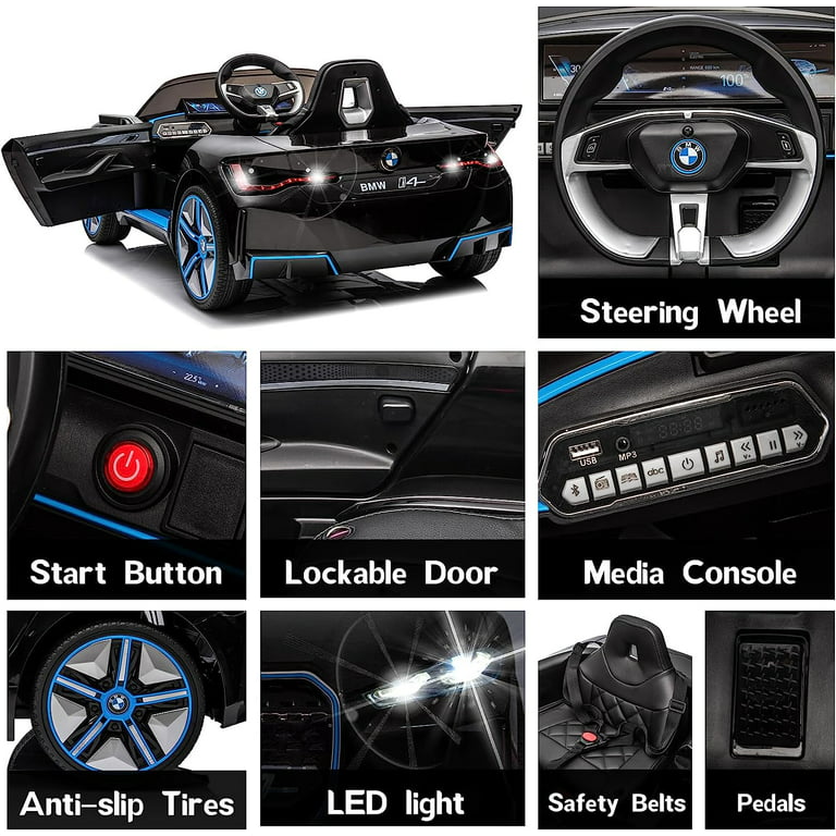 Track 7 Kids Ride On Car, 12V Licensed BMW i4 12V Electric Car with Remote Control, MP3, Age 3+, Black, Size: 45.3 x 26.4 x 17.7