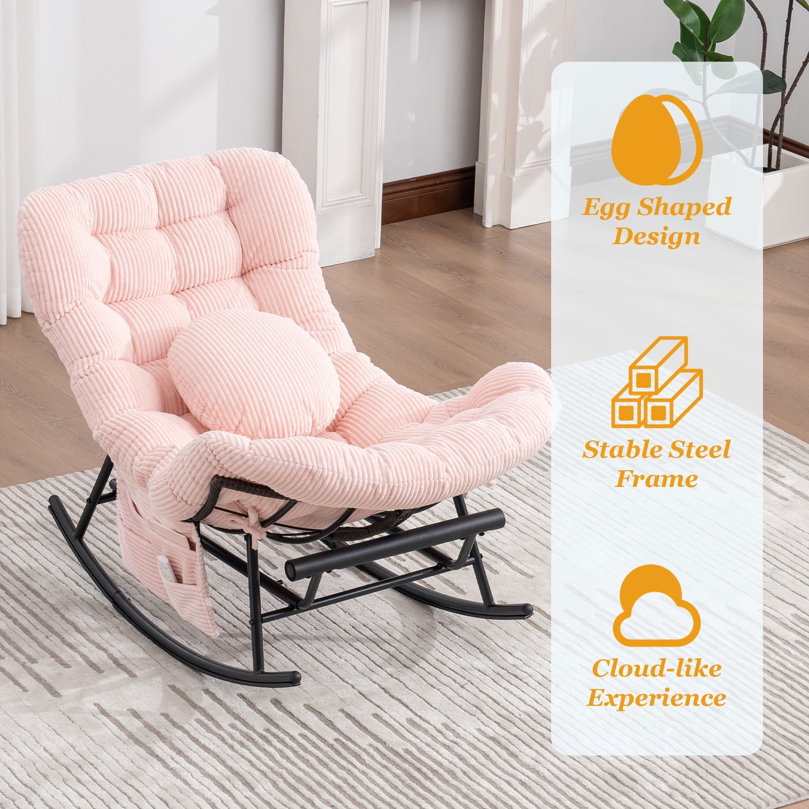 MOONMISS Outdoor Rocking Chair with Footrest, Indoor Oversized Comfort Reading Chair Cover with Cushion, Patio Rocking Chair Lounger,Pink
