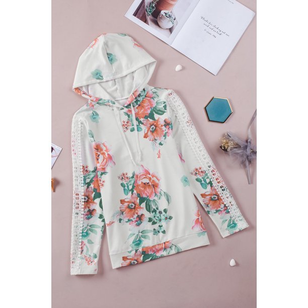 ABPHQTO Sudadera Con Capucha De Mujer De Manga Larga En Contraste De Encaje Con Estampado Floral Albaricoque