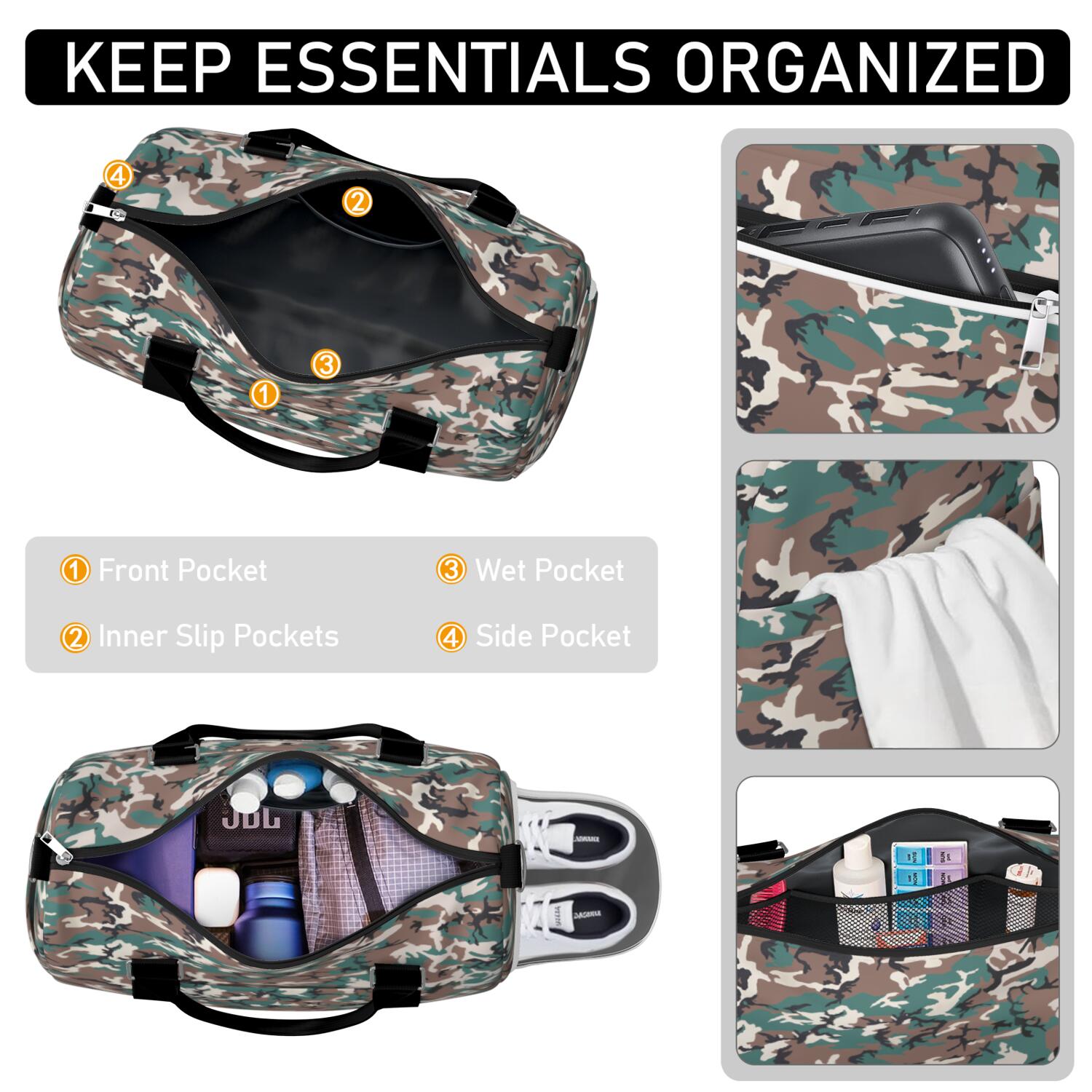 Camo Mens Gym Tote Duffle Bag with Wet Pocket & Shoe Compartment, Travel Duffel Bag Overnight Weekender Hospital Tote Girls Workout Carry on Bag with Luggage Sleeve